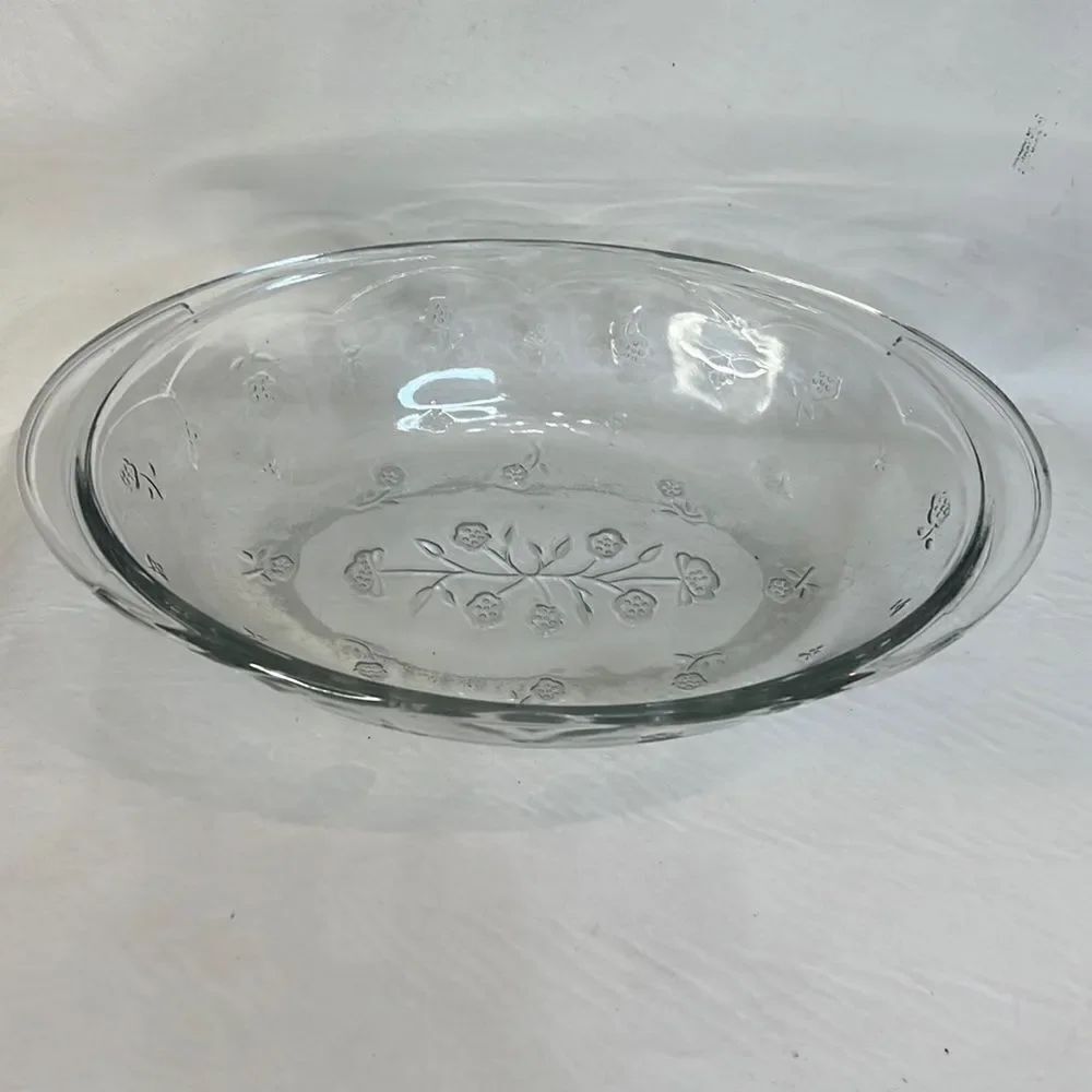 Savannah Serving Bowl Floral Flower Embossed Glass Handles 8 X 13 Inches